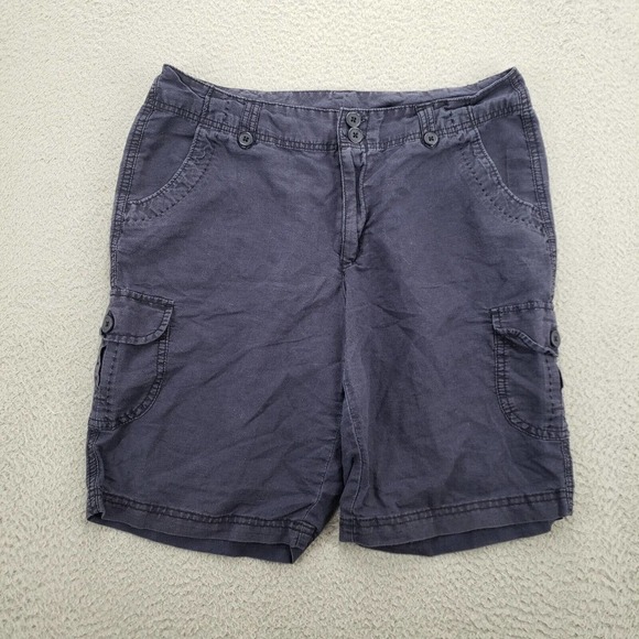 St John's Bay Shorts Womens 12 Linen Blue Cargo Utility Flat Front Pockets - Picture 1 of 13